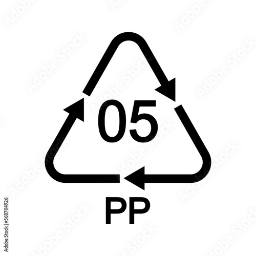 Polypropylene recycling sign in triangular shape with arrows. 05 PP plastic reusable icon isolated on white background. Environmental protection concept