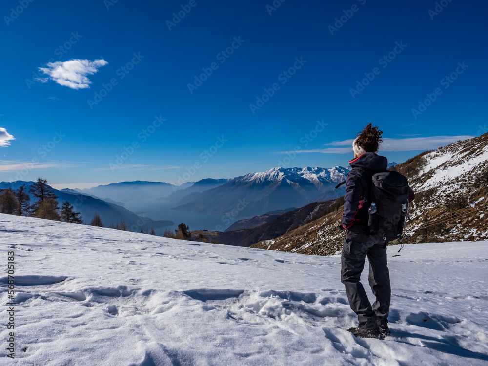 Trekking scene on the mountains of Lake Como