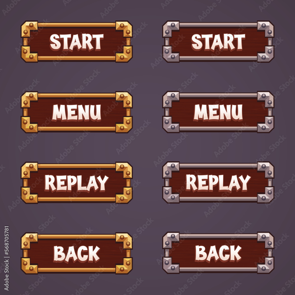 A Collection of GUI Vector brown with buttons editable text effect for the design of the user interface of casual mobile games and applications. Modern brown buttons in wooden style.