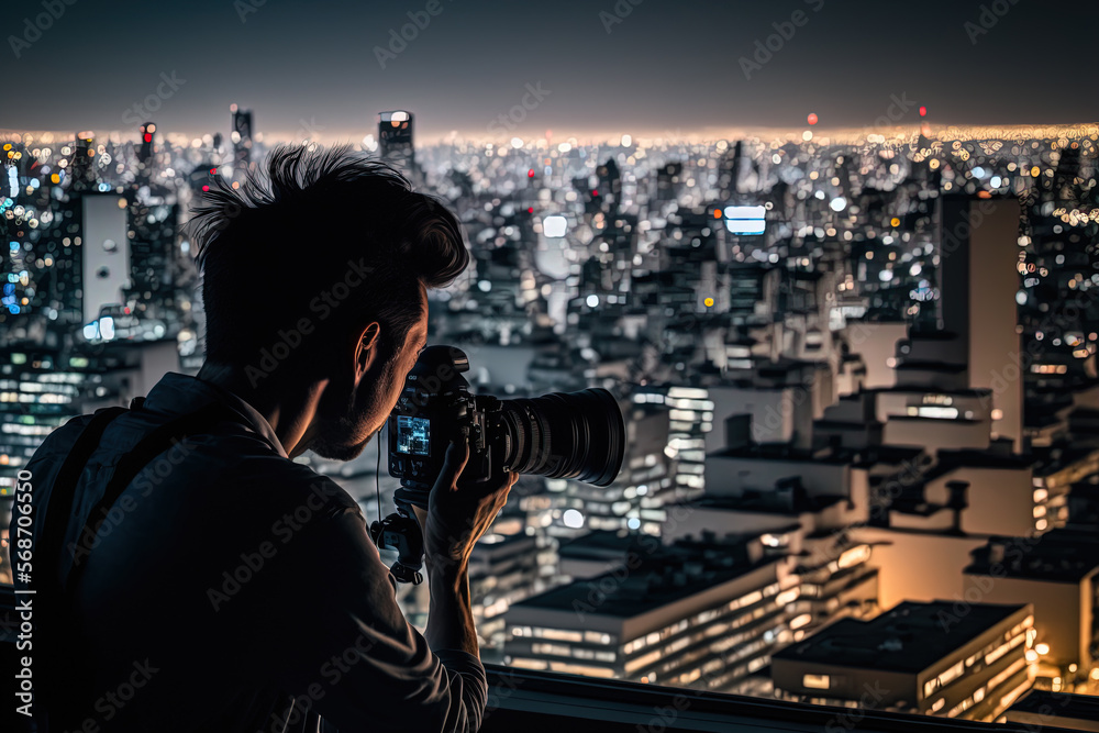 Photographer shooting a night view, Generative AI Photographer shooting a night view, Generative AI