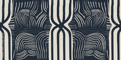 Hand drawn ethnic style abstract striped print. Line art black and white illustrations. Modern vector template for design. 