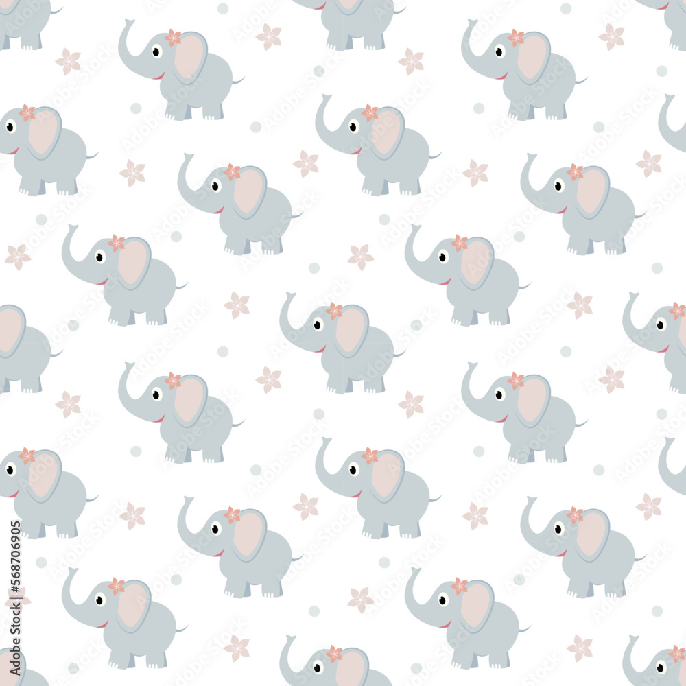 Fototapeta premium Vector childish seamless pattern with colorful elephants on a white background. Ideal for baby clothes, textiles, wallpaper, wrapping paper.