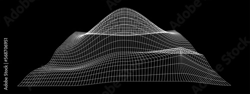 White grid deformated in perspective. Terrain wireframe on black background. Relief meshed structure. Distorted net surface. Vector graphic illustration photo