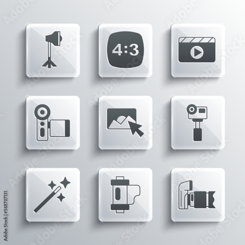 Set Camera film roll cartridge, Photo camera, Action extreme, retouching, Cinema, Studio light bulb softbox and Movie clapper icon. Vector
