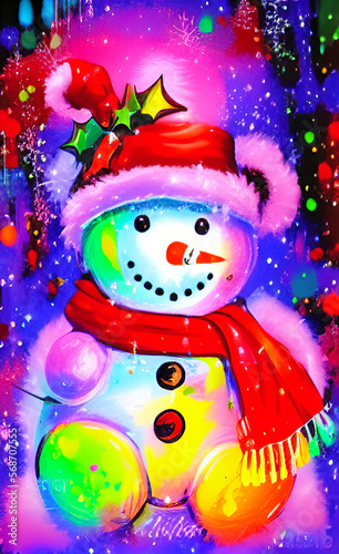 Teddybear-style snowman, art style, vivid colors. Generative AI illustration.
