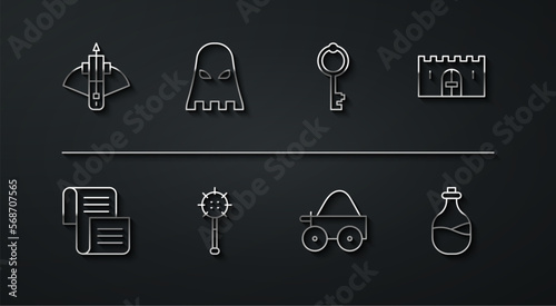 Set line Battle crossbow with arrow, Decree, parchment, scroll, Medieval castle gate, Wooden four-wheel cart, chained mace ball, Executioner mask, Old bottle of wine and key icon. Vector