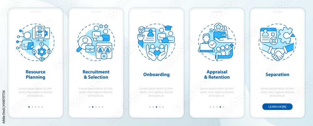 IT staffing process blue onboarding mobile app screen. Recruitment walkthrough 5 steps editable graphic instructions with linear concepts. UI, UX, GUI template. Myriad Pro-Bold, Regular fonts used