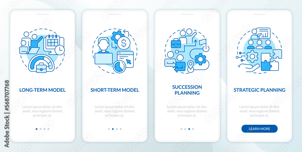 IT staffing models blue onboarding mobile app screen. Hiring walkthrough 4 steps editable graphic instructions with linear concepts. UI, UX, GUI template. Myriad Pro-Bold, Regular fonts used