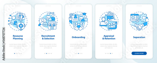 IT staffing process blue onboarding mobile app screen. Recruitment walkthrough 5 steps editable graphic instructions with linear concepts. UI, UX, GUI template. Myriad Pro-Bold, Regular fonts used
