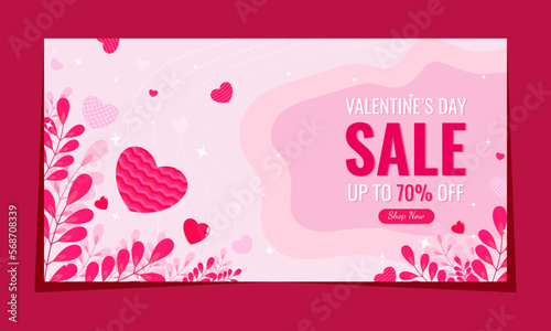 Flat valentine s day sale horizontal background whit pink concept.
