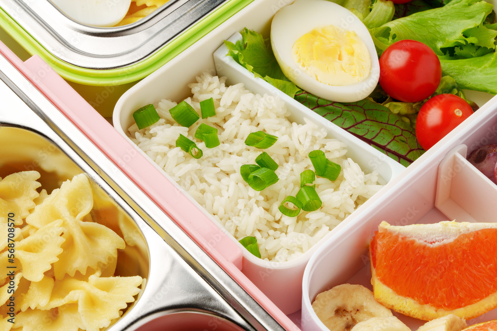 Many containers with delicious healthy food for background Many containers with delicious healthy food for background