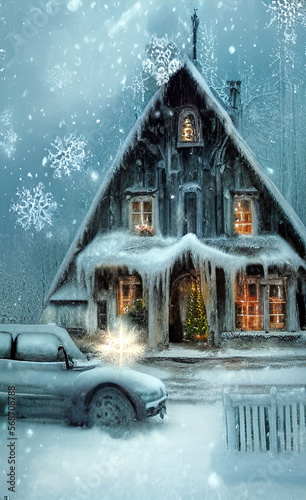 Christmas scene of a cabin in winter with gable roof and icicles and a car parked outside in the snow. Going home for Christmas concept. Generative AI cartoon style illustration.