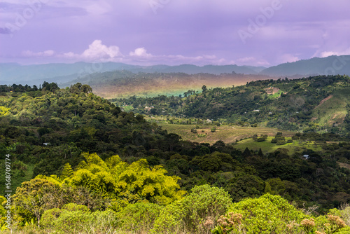 Beautiful landscape in the Andes Mountains, San Agustin (San Agustín), Huila, Colombia. Green trees and hills, sunset light, fields.