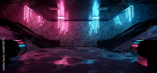 Realistic underground subway station Background with wet floors. Futuristic metro interior with blue and pink glowing neon lights and escalators. 3D Rendering photo