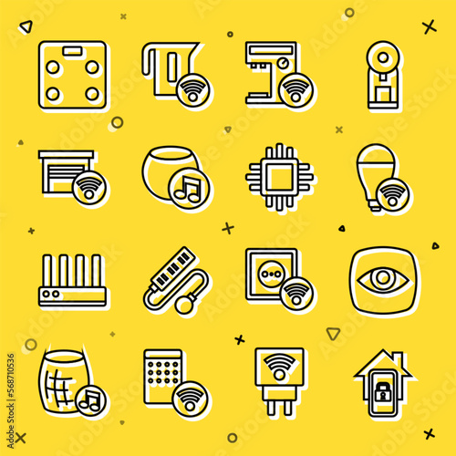 Set line Mobile with smart home, Security camera, Smart light bulb, coffee machine, Voice assistant, garage, bathroom scales and Processor CPU icon. Vector
