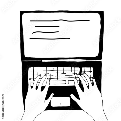 Hands of a person typing on a keyboard. Working on a laptop. Doodle style.