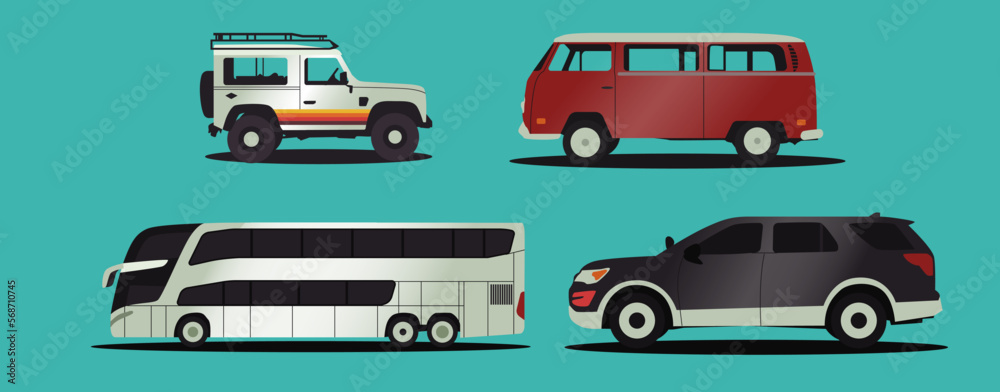 Car Icon Set Volkswagen Combi, Jeep, Bus, Car

