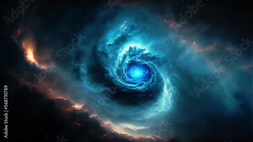 Fototapeta Naklejka Na Ścianę i Meble -  Birth of a star in space during a nebula explosion. Nuclear fusion of cosmic clouds of gas and dusts spinning. Universe background. Generative ai