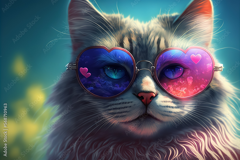 Glamorous pink cat wearing heart shaped sunglasses, Generative Ai