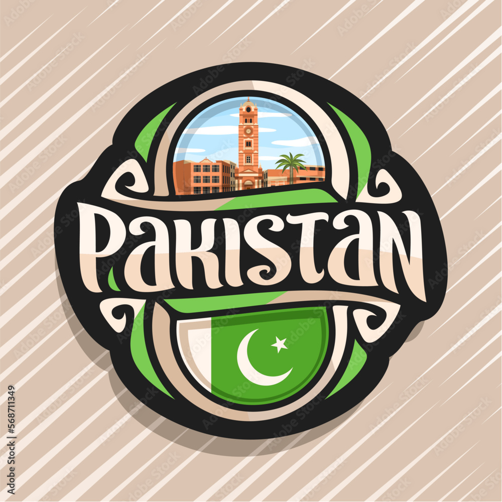 Vector logo for Pakistan country, fridge magnet with pakistani state flag, original brush typeface for word pakistan and national pakistani symbol - Faisalabad clock tower on cloudy sky background Vector logo for Pakistan country, fridge magnet with pakistani state flag, original brush typeface for word pakistan and national pakistani symbol - Faisalabad clock tower on cloudy sky background