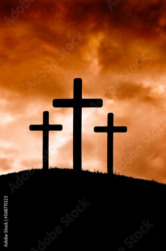 Fotografering three crosses on a hill, crucifixion of Christ Easter concept