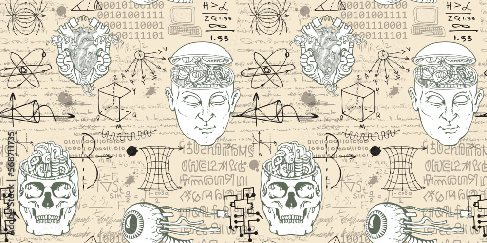 Obraz premium scientist-inventor with formulas and sketches of robots
