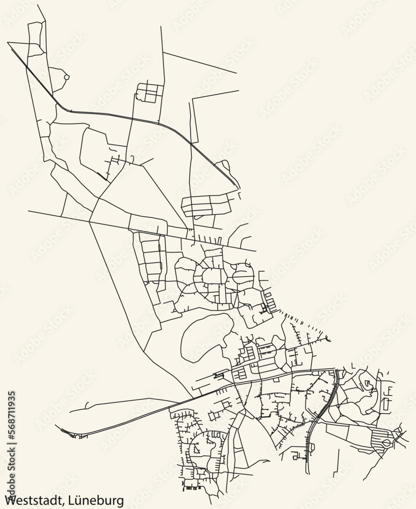 Detailed navigation black lines urban street roads map of the WESTSTADT DISTRICT of the German town of LÜNEBURG, Germany on vintage beige background