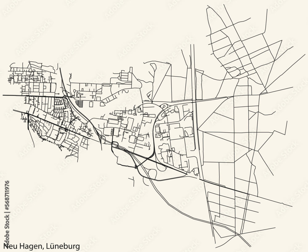 Detailed navigation black lines urban street roads map of the NEU HAGEN DISTRICT of the German town of LÜNEBURG, Germany on vintage beige background