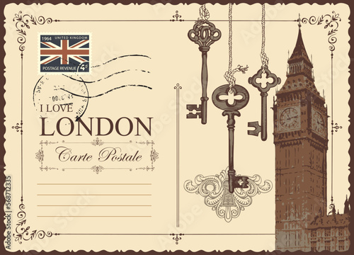Retro postcard with Big Ben in London, United Kingdom. Vector postcard in vintage style with old keys, words I love London and a place for text on beige background with postage stamp and postmark