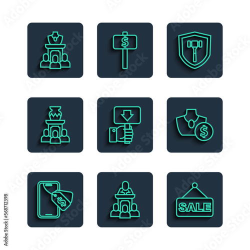 Set line Online auction, Auction auctioneer sells, Price tag with Sale, hammer, Hand holding paddle, ancient vase, jewelry sale and icon. Vector