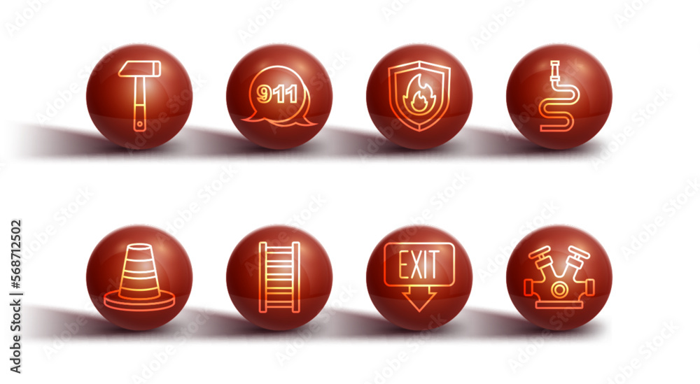 Set line Hammer, Traffic cone, Fire hose reel, exit, escape, Emergency call 911, hydrant and protection shield icon. Vector Set line Hammer, Traffic cone, Fire hose reel, exit, escape, Emergency call 911, hydrant and protection shield icon. Vector