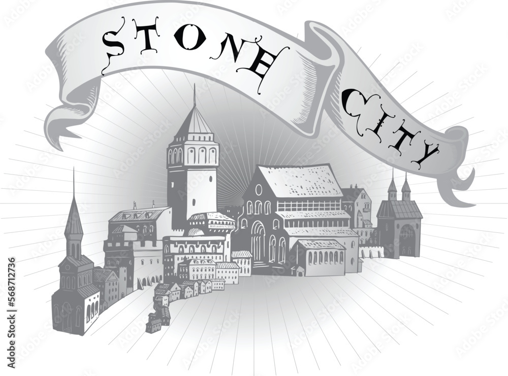  medieval city emblem in the style of vintage engraving