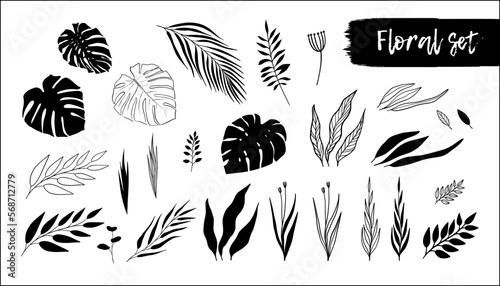 Floral set of flowers and plants. Doodle illustration.