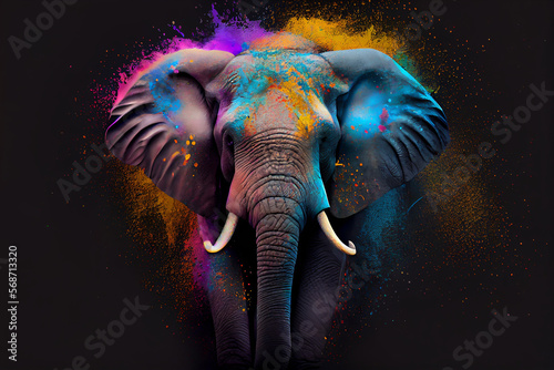 illustration of elephant in holi dust powder on black background