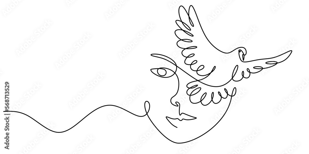 Fototapeta premium One line of face and bird isolated on white background. Hand drawing continuous line minimalism.