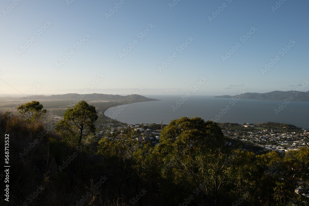 View of a stunning landscape of a coastal town from a mountain 