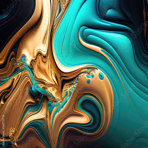 Splendid modern marbling painting abstract design of blue green and gold wavy veins pattern texture marble in digital art . Turqouise white and gold fluid water melted liquid wallpaper. Generative AI