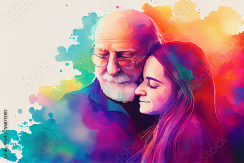 A portrait of an elderly man and his granddaughter, showcasing the bond of generations, ai illustration. A touching tribute to family and love
