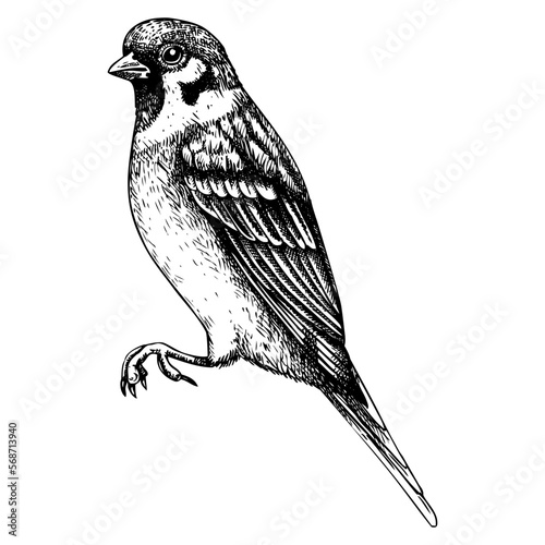 House sparrow vector sketch. Hand drawn wildlife illustration in engraved style. Brown passerine bird isolated on white background. Black and white animal drawing for print, poster, card, cover.