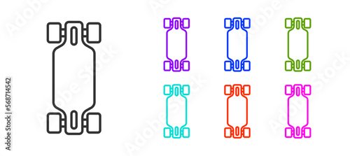 Black line Longboard or skateboard cruiser icon isolated on white background. Extreme sport. Sport equipment. Set icons colorful. Vector