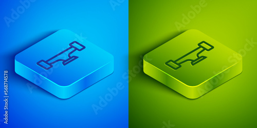 Isometric line Skateboard wheel icon isolated on blue and green background. Skateboard suspension. Skate wheel. Square button. Vector