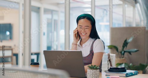 Free Download Phone call, communication and business woman writing notes in office. Laptop, cellphone and Asian woman at desk on mobile smartphone chatting, speaking or business deal conversation with contact. - GFXLoad