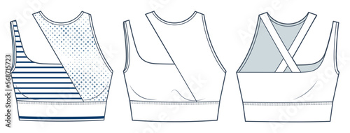 Sport Bra technical fashion illustration, fashion design. Crop Top fashion flat technical drawing template, front and back view, white, blue stripe,  women CAD mockup set.