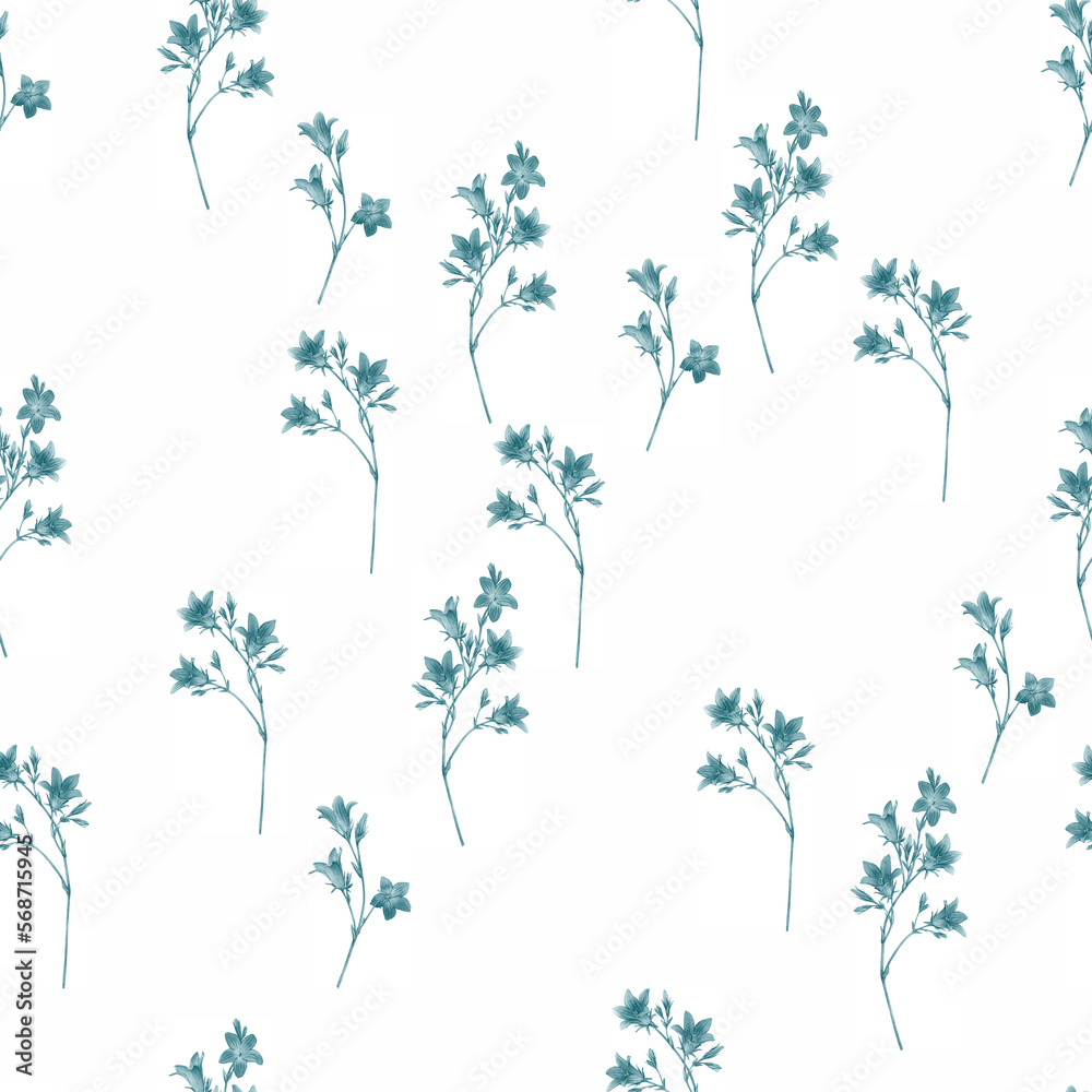 Seamless pattern with blue spreading bellflower flowers (Campanula patula, little bell, bluebell, rapunzel, harebell). Watercolor hand painting illustration on isolate white background. Seamless pattern with blue spreading bellflower flowers (Campanula patula, little bell, bluebell, rapunzel, harebell). Watercolor hand painting illustration on isolate white background.