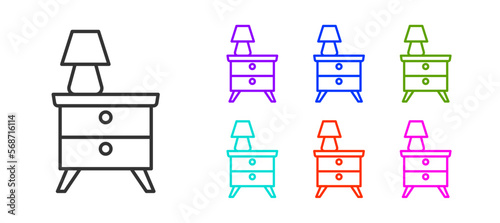 Black line Furniture nightstand with lamp icon isolated on white background. Set icons colorful. Vector