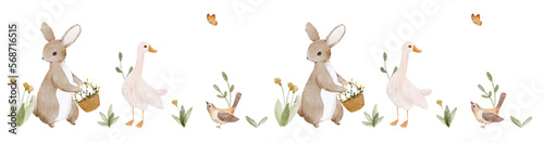 Seamless border with watercolour cute animals and floral. Watercolour rabbit, goose and bird. 