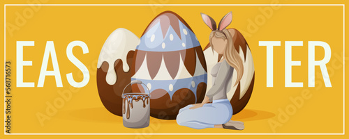 Festive flyer for Happy Easter. A girl in a headband with bunny ears sits next to painted eggs with a bucket of paint. Vector illustration for poster, banner, website.
