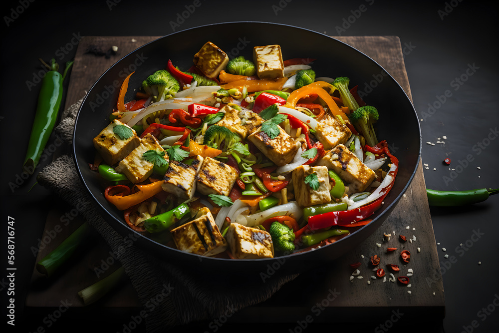 Tasty tofu stir fry with veggies, crispy tofu & fresh cilantro. Perfect vegan meal for healthy eating. Ideal for food blogs & cookbooks. Entice your audience to try this flavorful dish