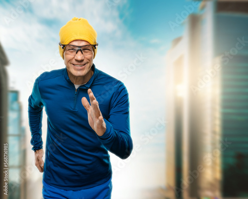 Smiling fitness man running outdoor on cityscape background, generative AI