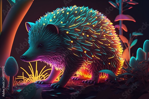 Digital 3D illustration of a Hedgehog in neon style. Generative Ai. © MinixT